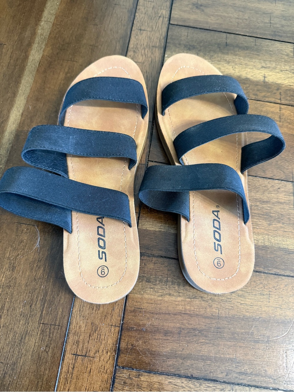 Soda Black Triple-Strap Slide Sandals with Tan Footbed